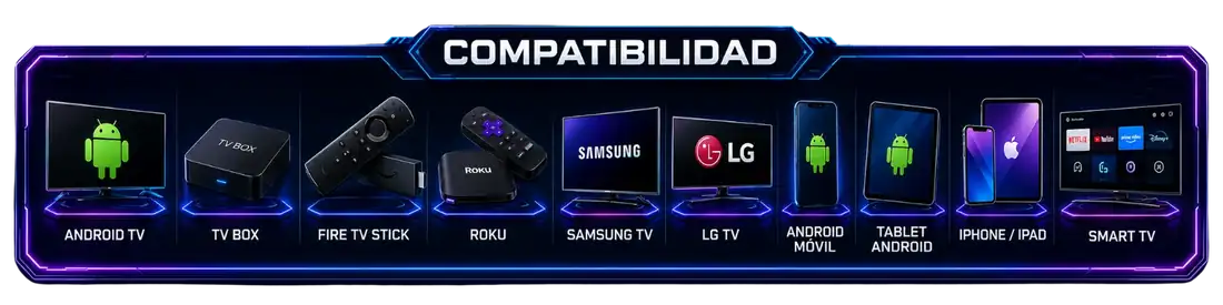 Compatibilidad con Android TV, TV Box, Fire TV Stick, Roku, Samsung, LG, Android, tablet, iPhone, iPad y Smart TV